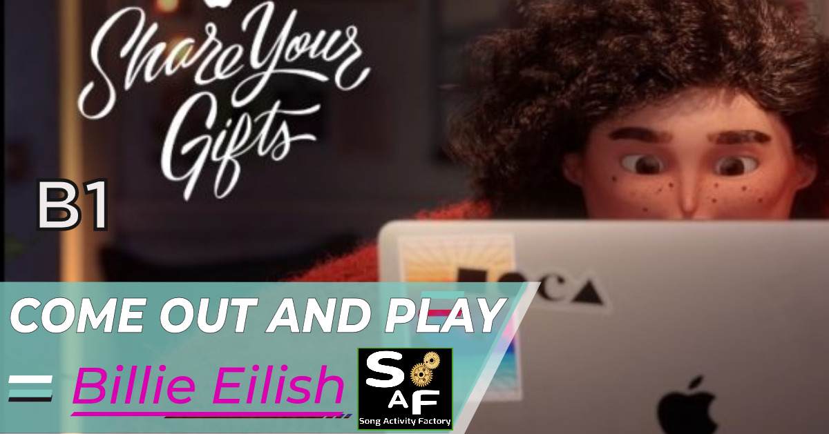 Animated character from Apple’s 'Share Your Gifts' ad featured in an ESL lesson for Billie Eilish’s song 'Come Out and Play'.