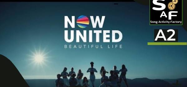 Group of performers from Now United silhouetted against a sunrise, with the text 'Now United – Beautiful Life' and SAF A2 badge on screen