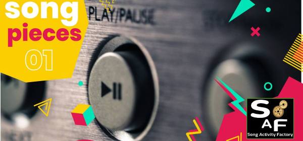Close-up of a play/pause button on a stereo system with colorful geometric shapes and the text 'Song Pieces 01' and SAF logo.