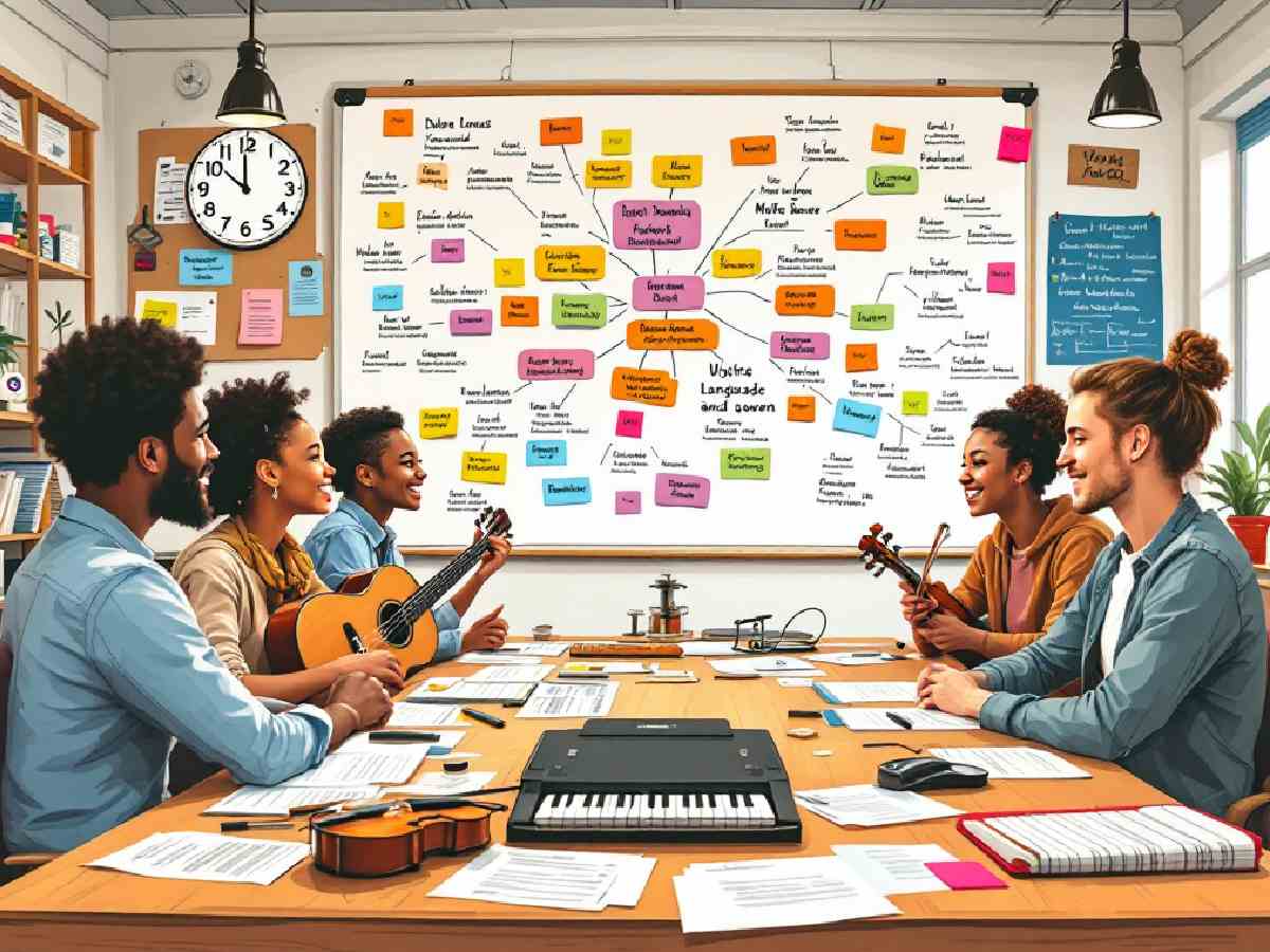 ESL students working together on a project, surrounded by music.