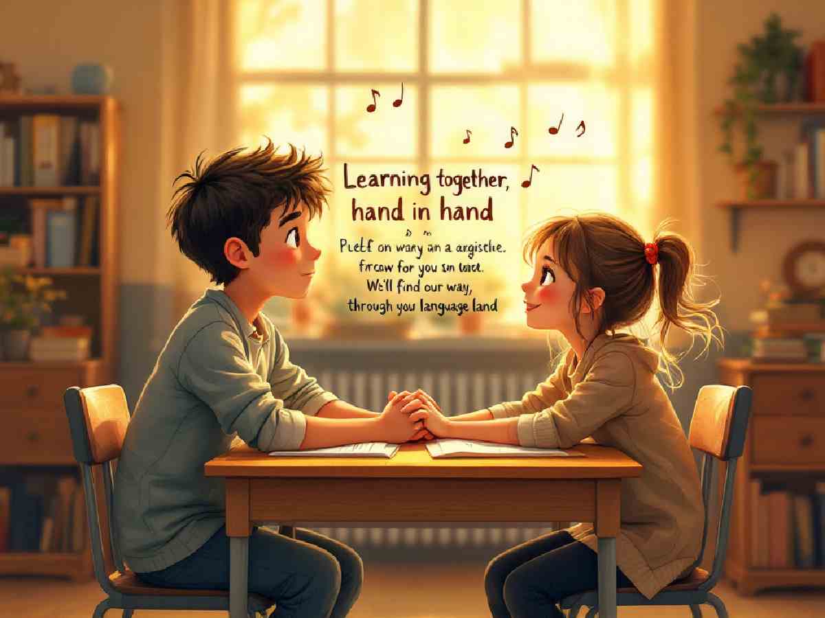 Two ESL students working together, inspired by song lyrics.