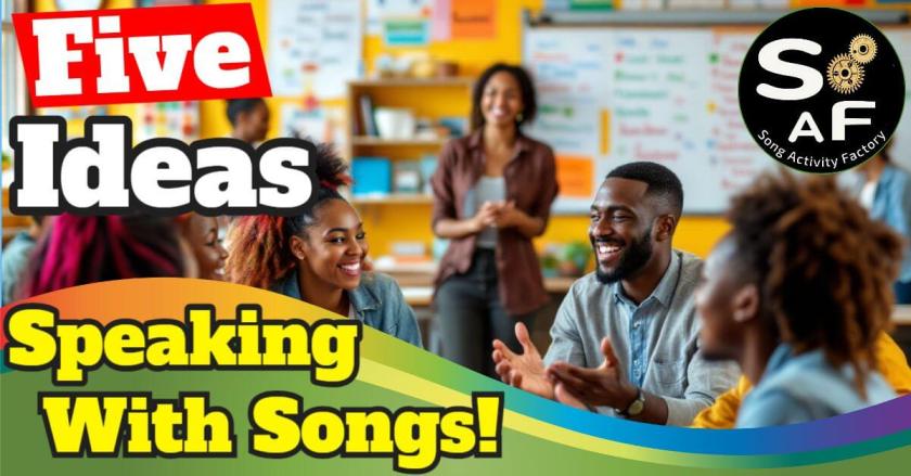 5 creative song-based activities for ESL teachers, featuring quotes, images, team challenges, movement, and pair work. Includes YouTube channel and Twitter links.
