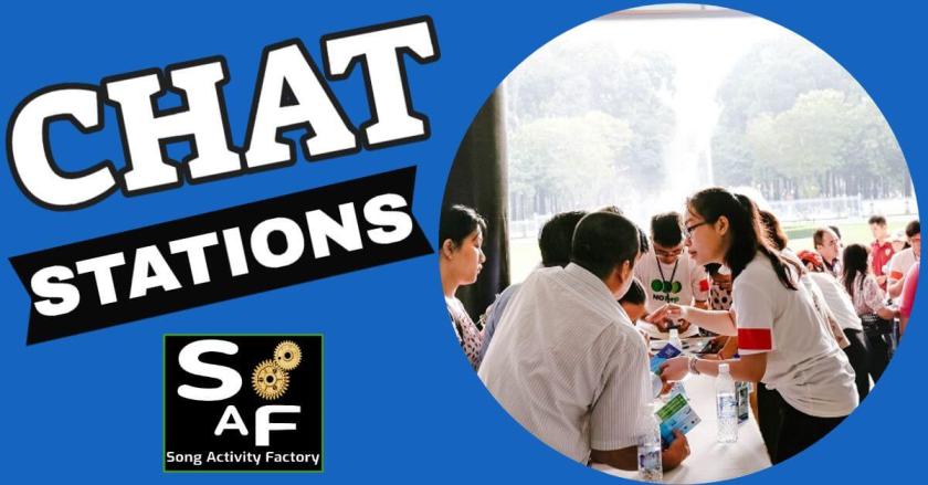 Students participating in ESL song challenge and chat stations activity