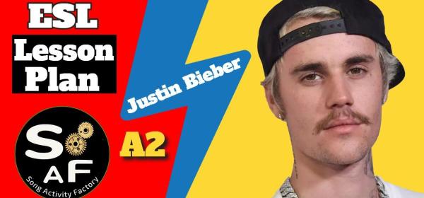 Justin Bieber's "Running Over" lesson plan for ESL teachers, featuring YouTube video, Google Slides. Optimized for online teaching with Zoom.