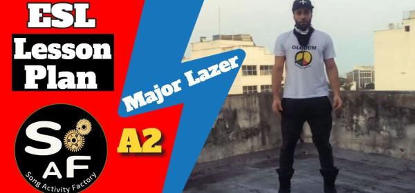 Major Lazer's "Lay Your Head On Me" lesson plan for ESL teachers, featuring YouTube video, Google Slides, interactive worksheet, and pdf worksheet file.
