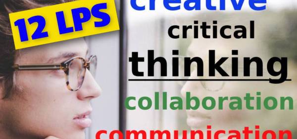 A pensive man surrounded by words: creativity, critical thinking, collaboration, communication, symbolizing deep engagement with music-based learning.