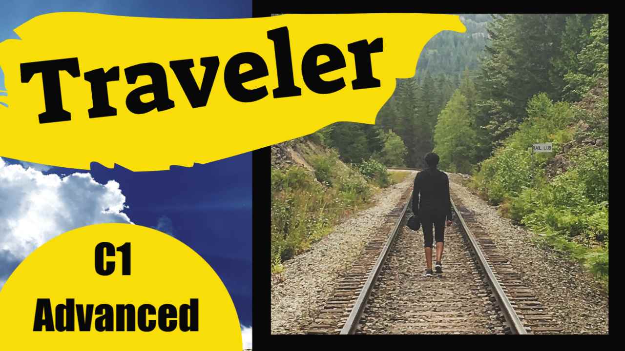 Marcia Bonfim walking on railroad tracks in Canada, symbolizing the journey of learning with the 'Traveler' C1 Advanced English lesson plan.