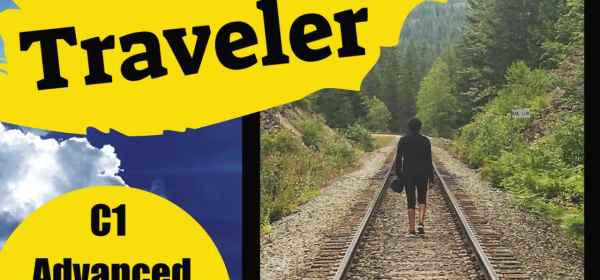 Marcia Bonfim walking on railroad tracks in Canada, symbolizing the journey of learning with the 'Traveler' C1 Advanced English lesson plan.