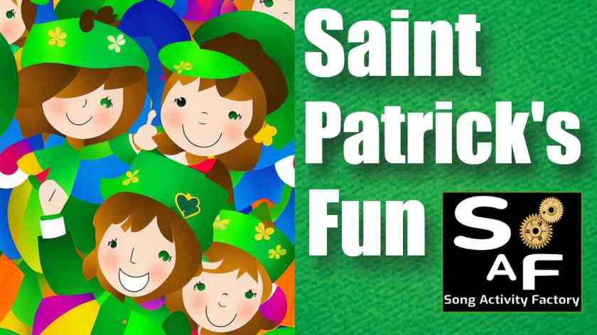 Group of students dressed in green, singing and having fun during the Saint Patrick's Day Green Song Relay in the English language classroom.