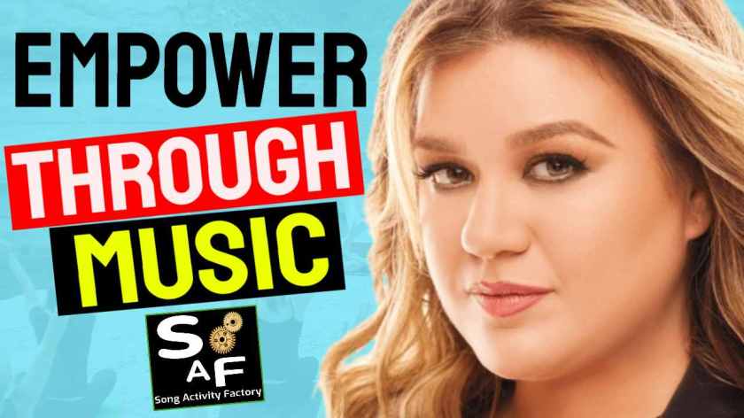 Kelly Clarkson's close-up image with the text "Empower Through Music."