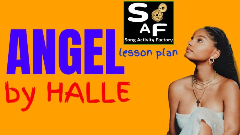 Halle with Song Activity Factory logo, promoting the "Angel by Halle" song-based lesson plan.