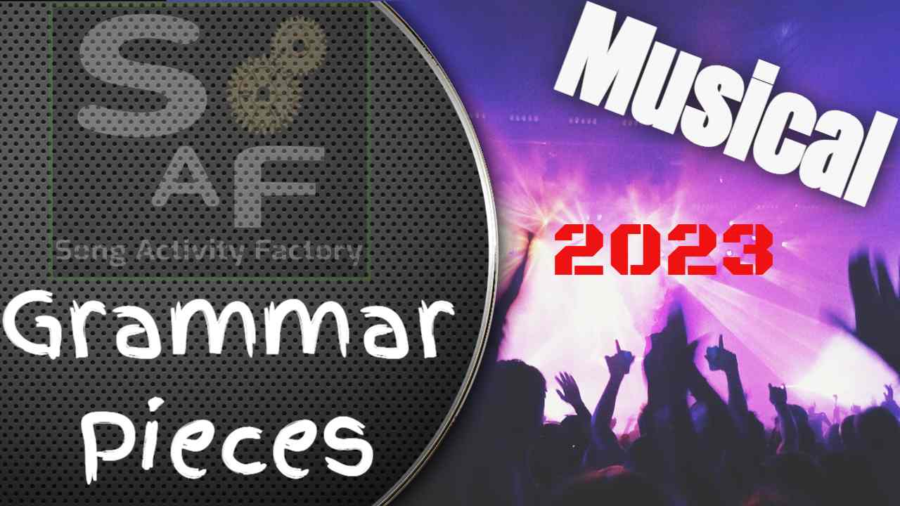 Crowd cheering at a rock concert with the title "Musical Grammar Pieces" prominently displayed.