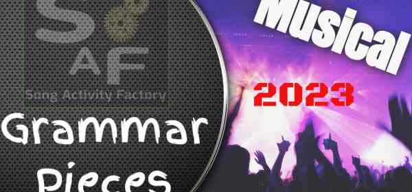 Crowd cheering at a rock concert with the title "Musical Grammar Pieces" prominently displayed.