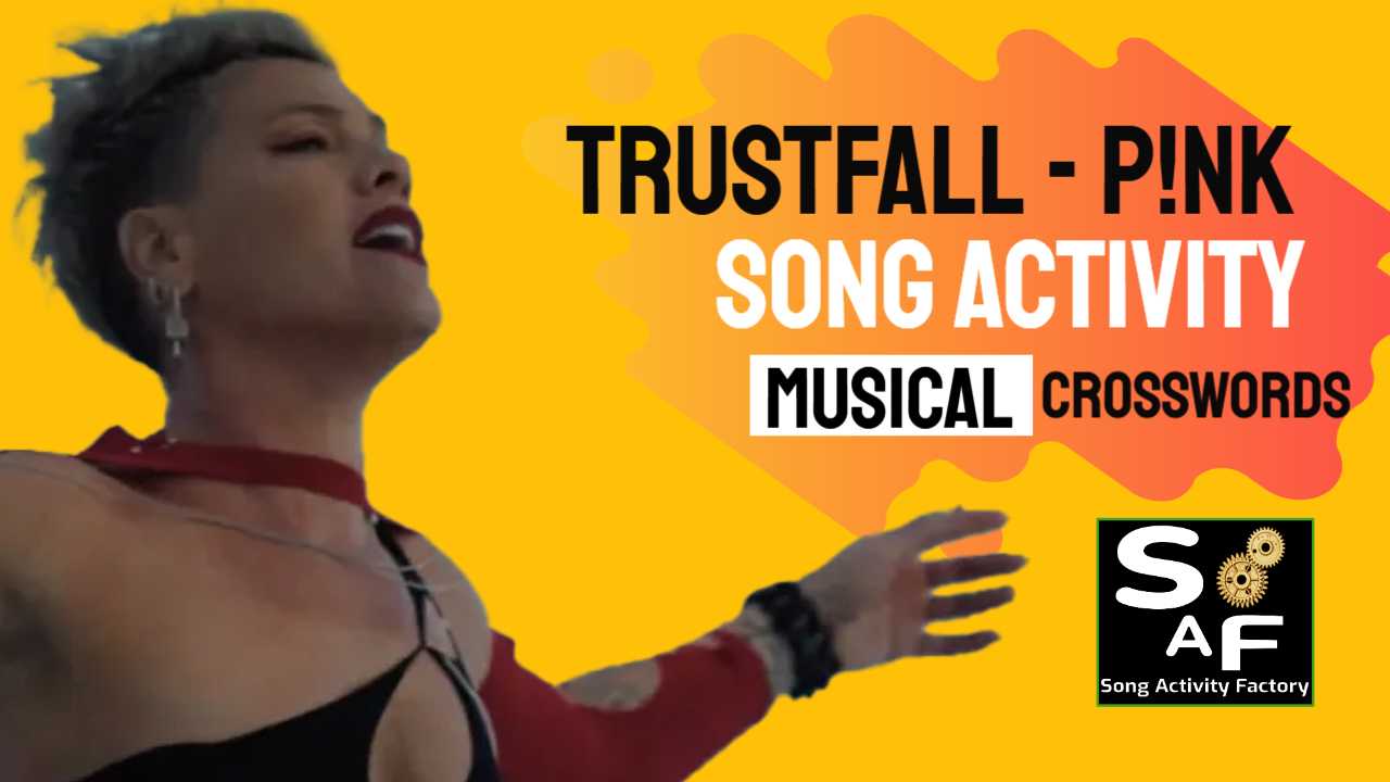 P!nk's 'Trustfall' song cover with activity title overlay: 'Trustfall - P!nk Song Activity Musical Crosswords
