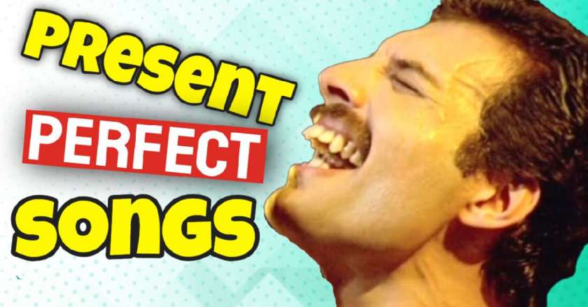 Featured blog post image for 'Unlocking the Present Perfect in Songs: A Musical Challenge' with musical notes and text.