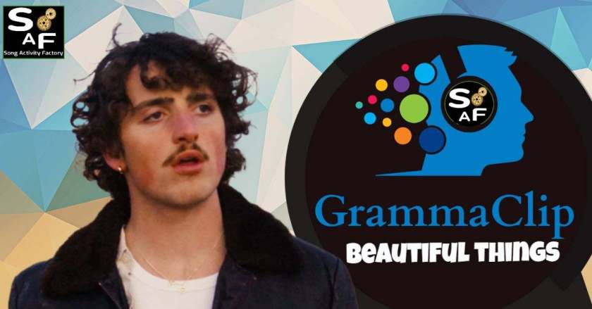 Benson Boone alongside the SAF logo and the words 'GrammaClip' and 'Beautiful Things' for an English language teaching activity.