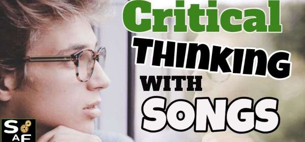 Young man deeply contemplating while 'Critical Thinking with Songs' text and the Song Activity Factory logo overlay the image