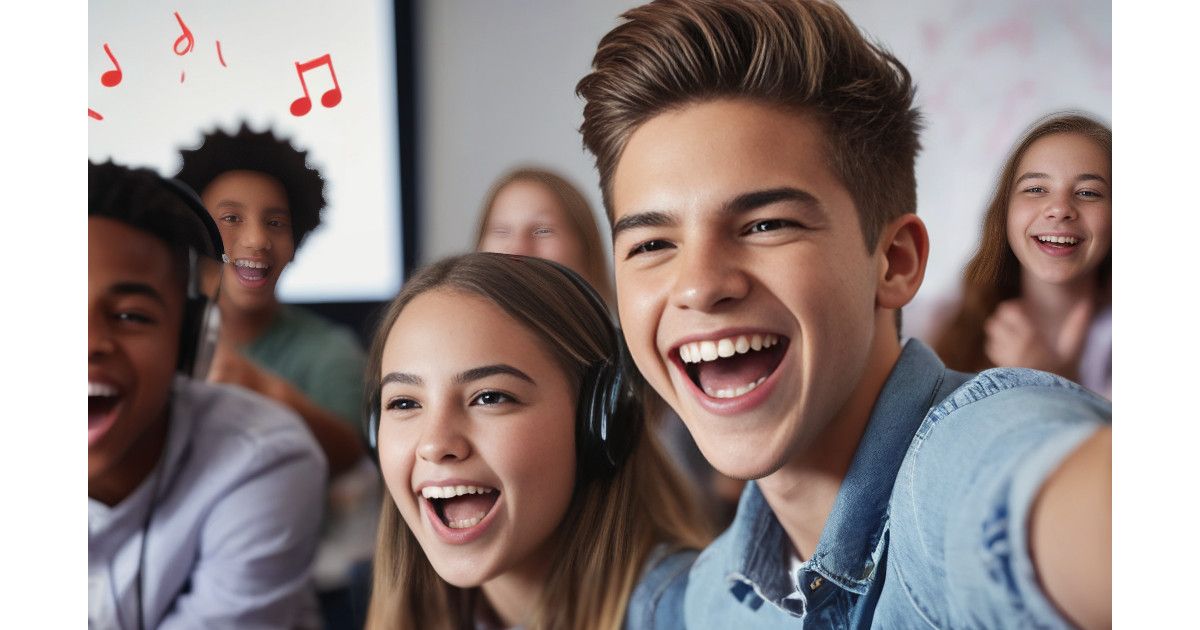 ESL students excitedly watching and collaborating on a music video project in class