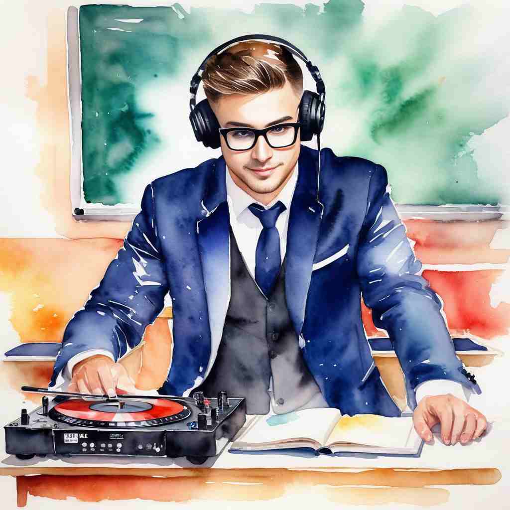 ESL teacher in class wearing headphones and using a DJ set with a book to teach grammar.