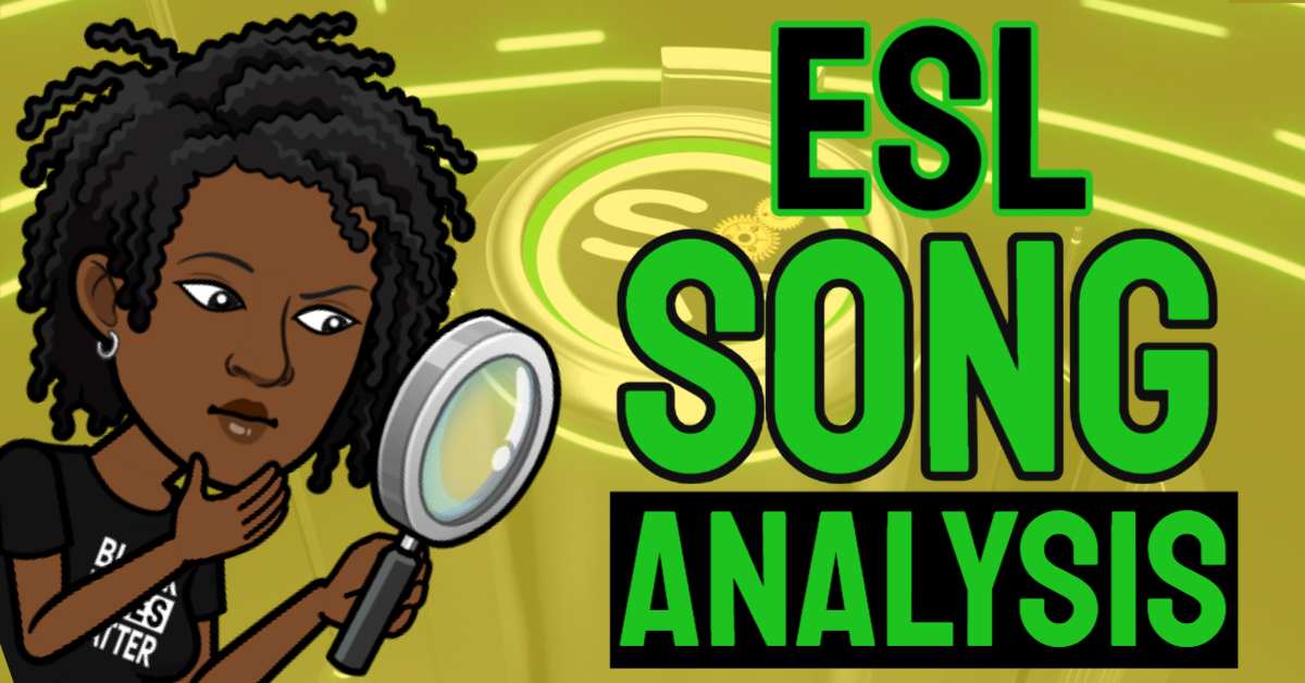 Márcia Bonfim with a magnifying glass and detective face, featuring the words "ESL Song Analysis