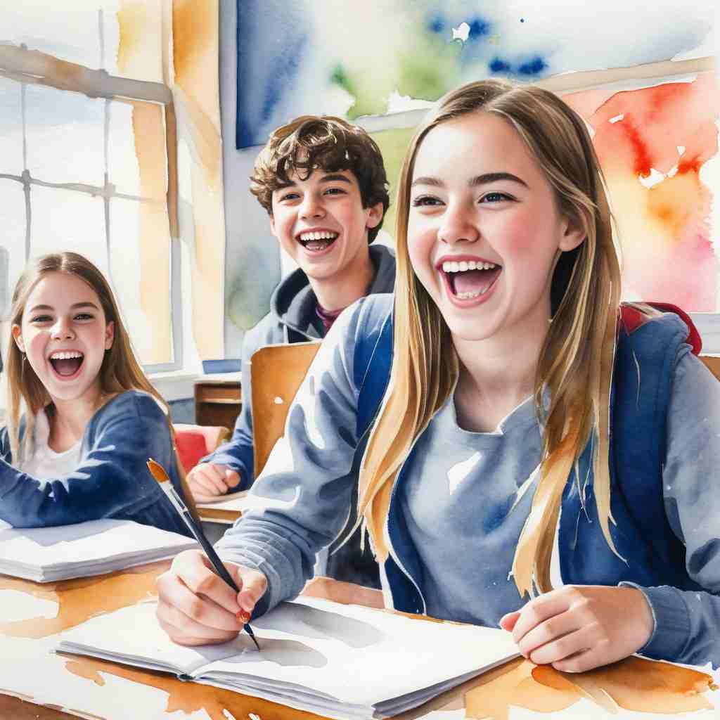 Excited students in a classroom actively participating in an ESL lesson.