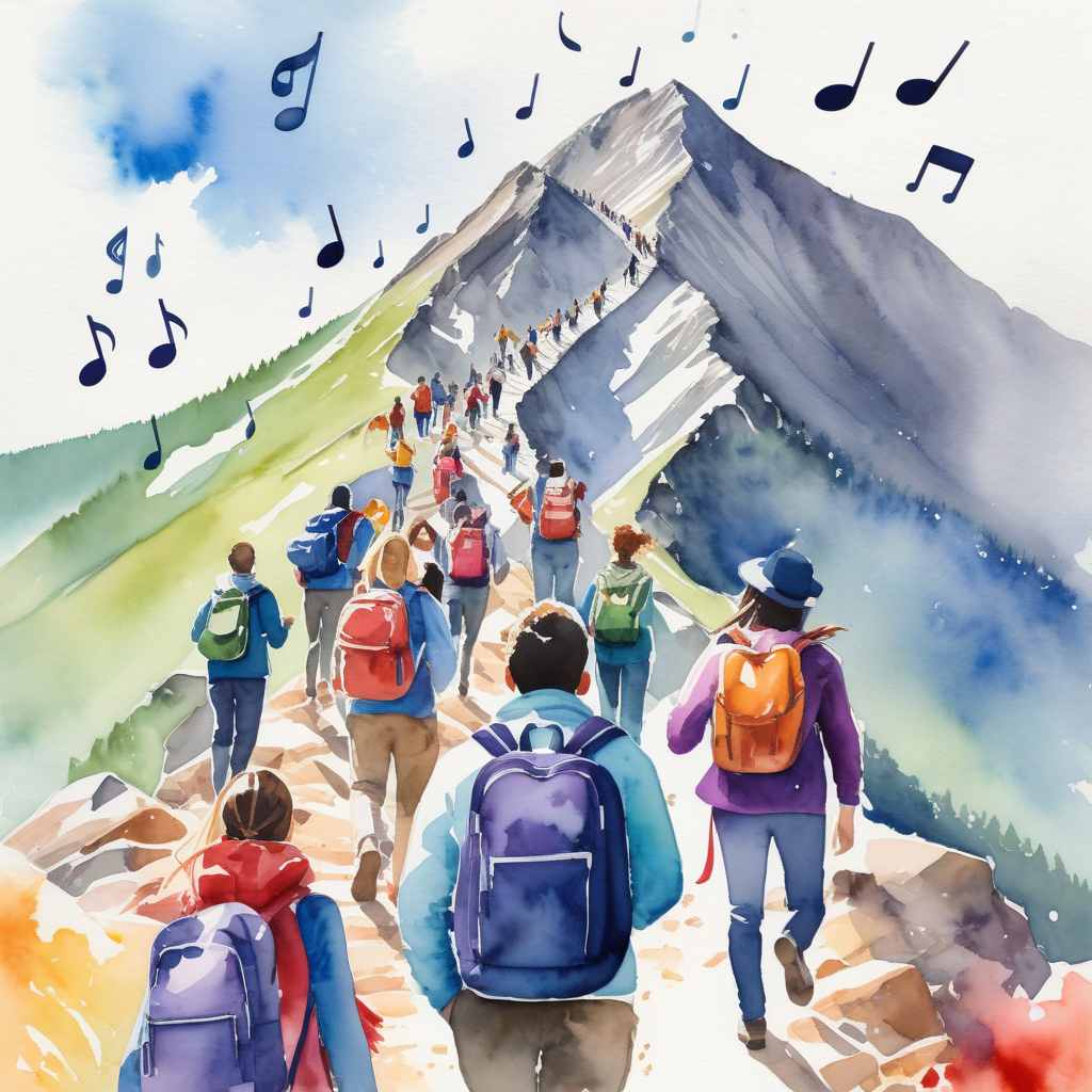 ESL teachers and explorers climbing a mountain with musical notes floating in the air, representing a journey of self-discovery through Bon Jovi's music