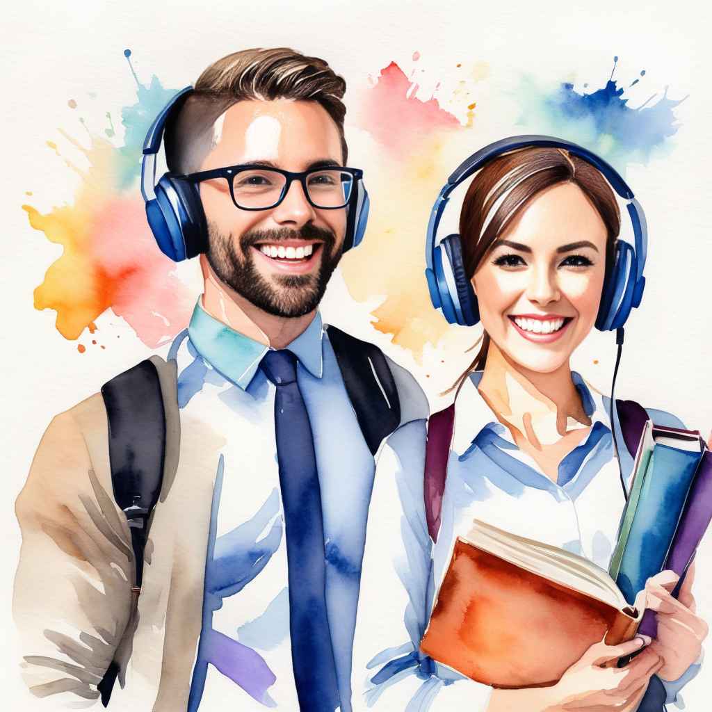 Energetic male and female teachers holding books and headphones, symbolizing interactive and engaging English lessons.