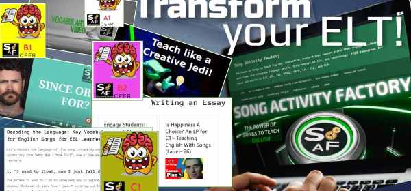 Song Activity Factory blog highlights collage featuring screenshots of key resources, including vocabulary videos, grammar practice, song analysis, exam prep materials, and lesson plans for all levels.