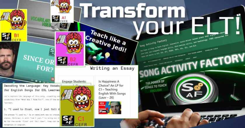 Song Activity Factory blog highlights collage featuring screenshots of key resources, including vocabulary videos, grammar practice, song analysis, exam prep materials, and lesson plans for all levels.