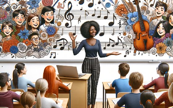 Diverse group of students in a classroom, smiling and engaged, with musical notes floating around them. The teacher is at the front, pointing to a music-themed whiteboard.
