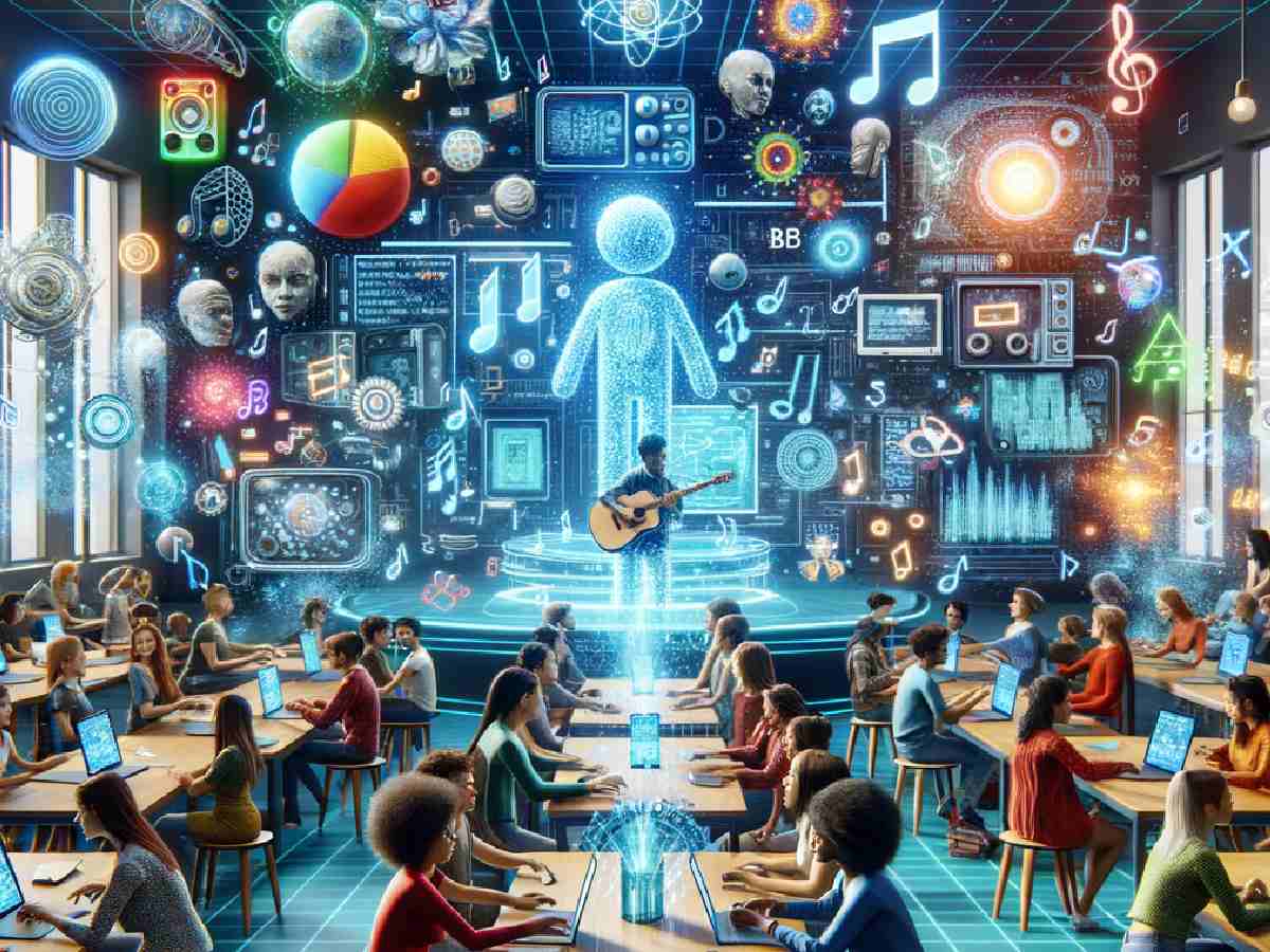 A vibrant illustration of a futuristic classroom with AI-generated song lyrics floating holographically, students interacting with the holograms.