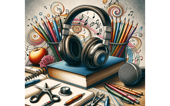 Image of a teacher's desk with various teaching tools, including headphones, a microphone, and musical notes.