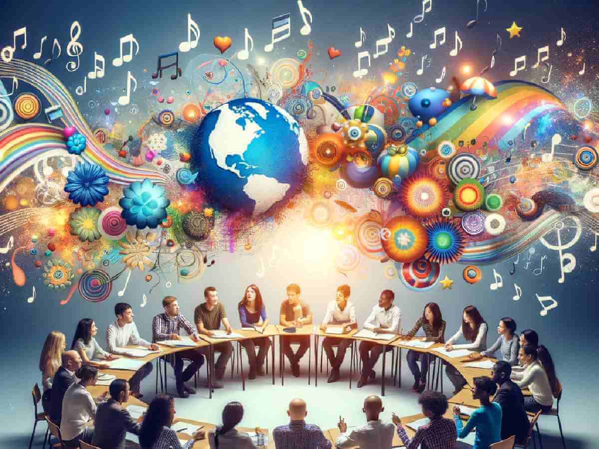 Diverse students in a colorful classroom with floating musical notes.