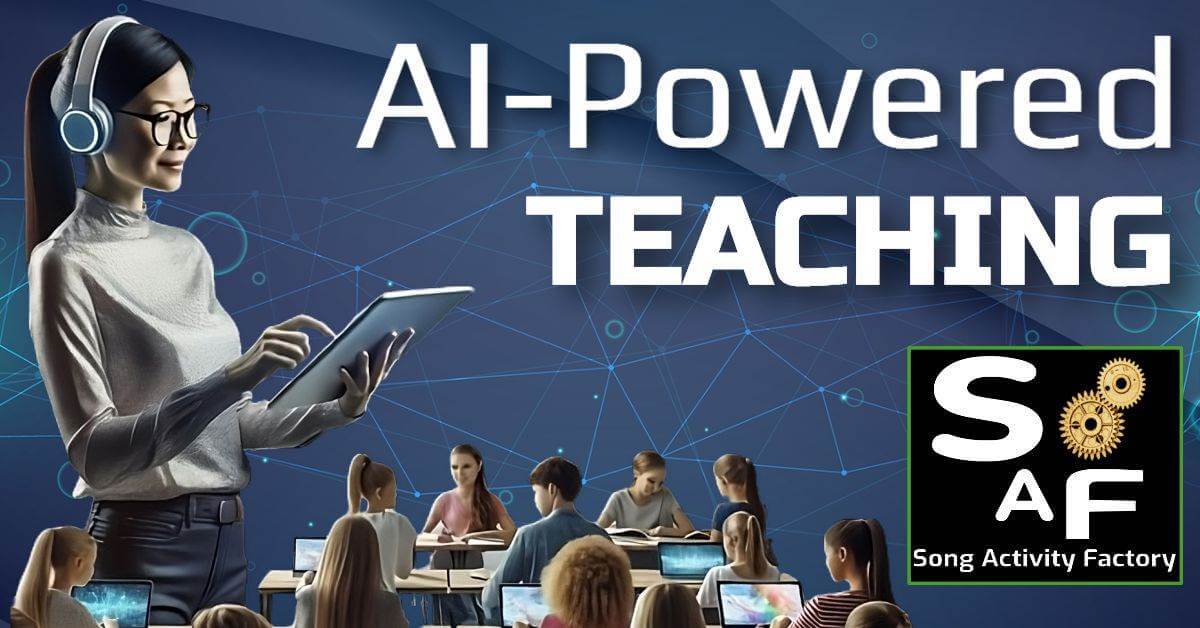 A teacher using AI tools to create ESL grammar-focused activities with songs.