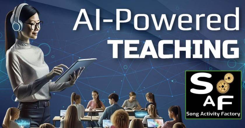 A teacher using AI tools to create ESL grammar-focused activities with songs.