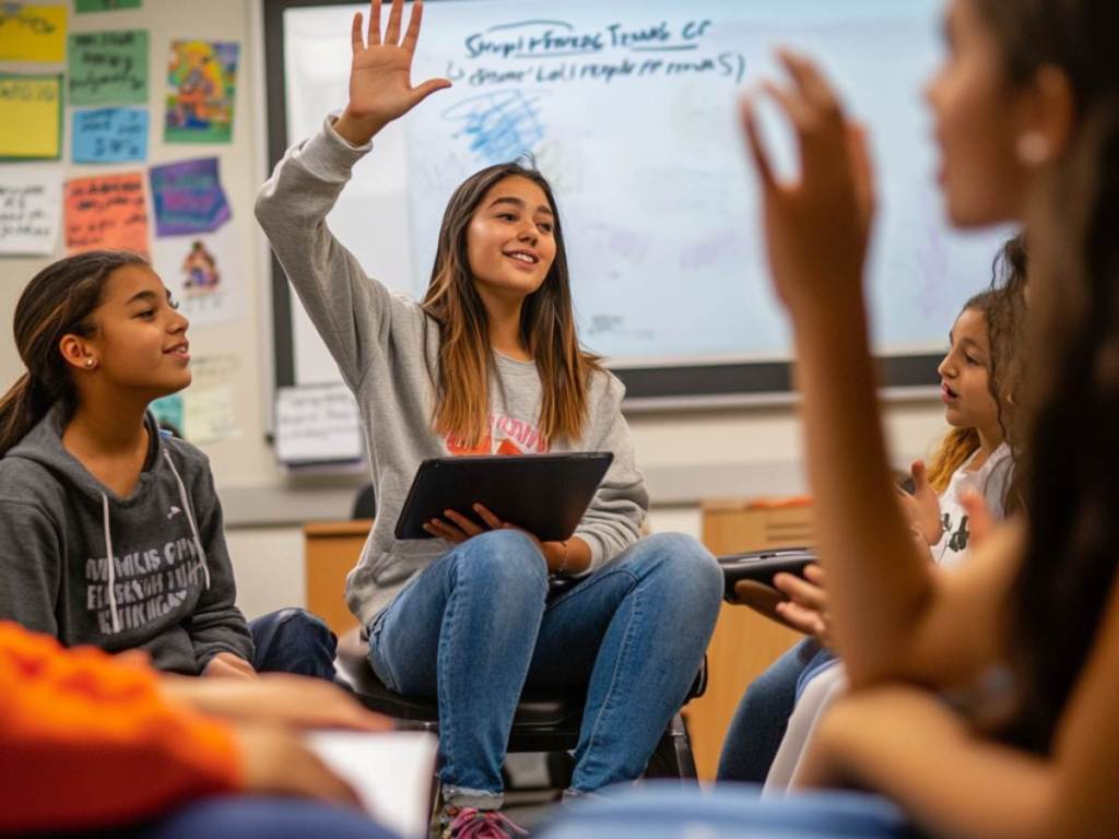 ESL teacher with tablet leading Simple Past Tense lesson to engaged students