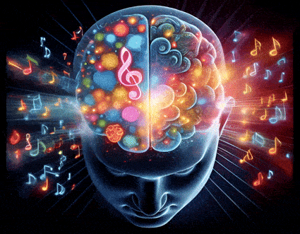 Animation of a brain lighting up with different areas as musical notes enter, transforming into English words and phrases.