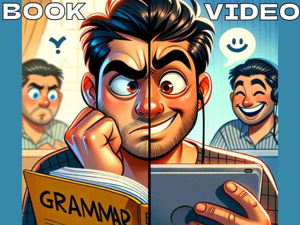 Split-screen comparing confused student with textbook to engaged student watching grammar video