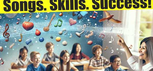 Diverse group of students in a classroom, engaged with musical notes floating around them.