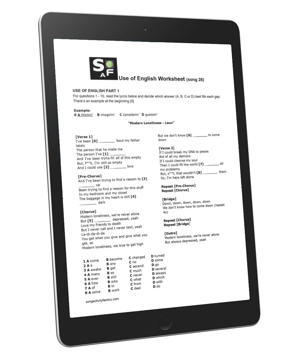 Cambridge B2 Use of English Part 1 worksheet based on Lauv's Modern Loneliness