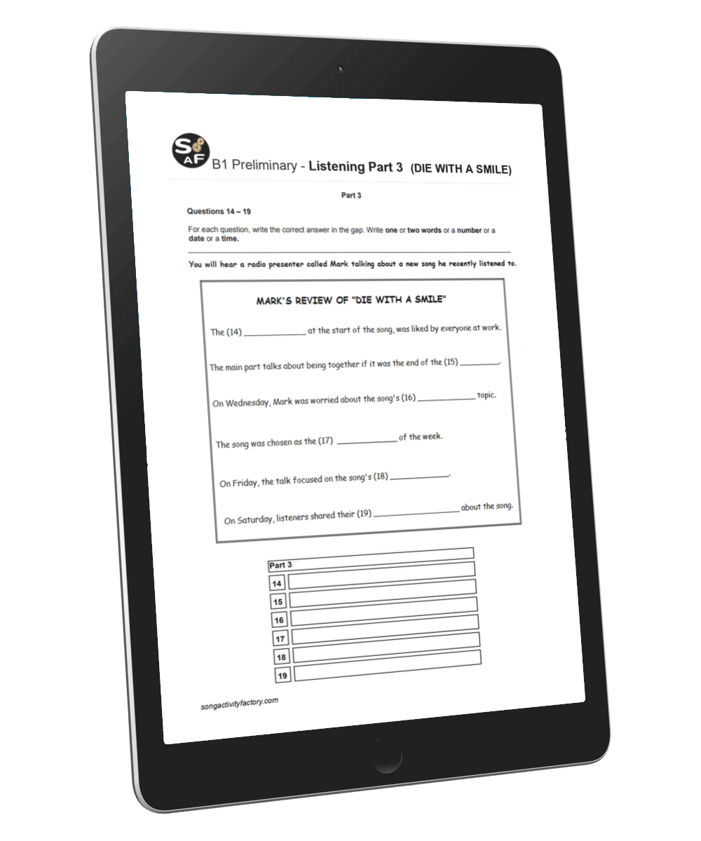 Cambridge B1 Listening Part 3 worksheet featuring Lady Gaga and Bruno Mars' Die With A Smile