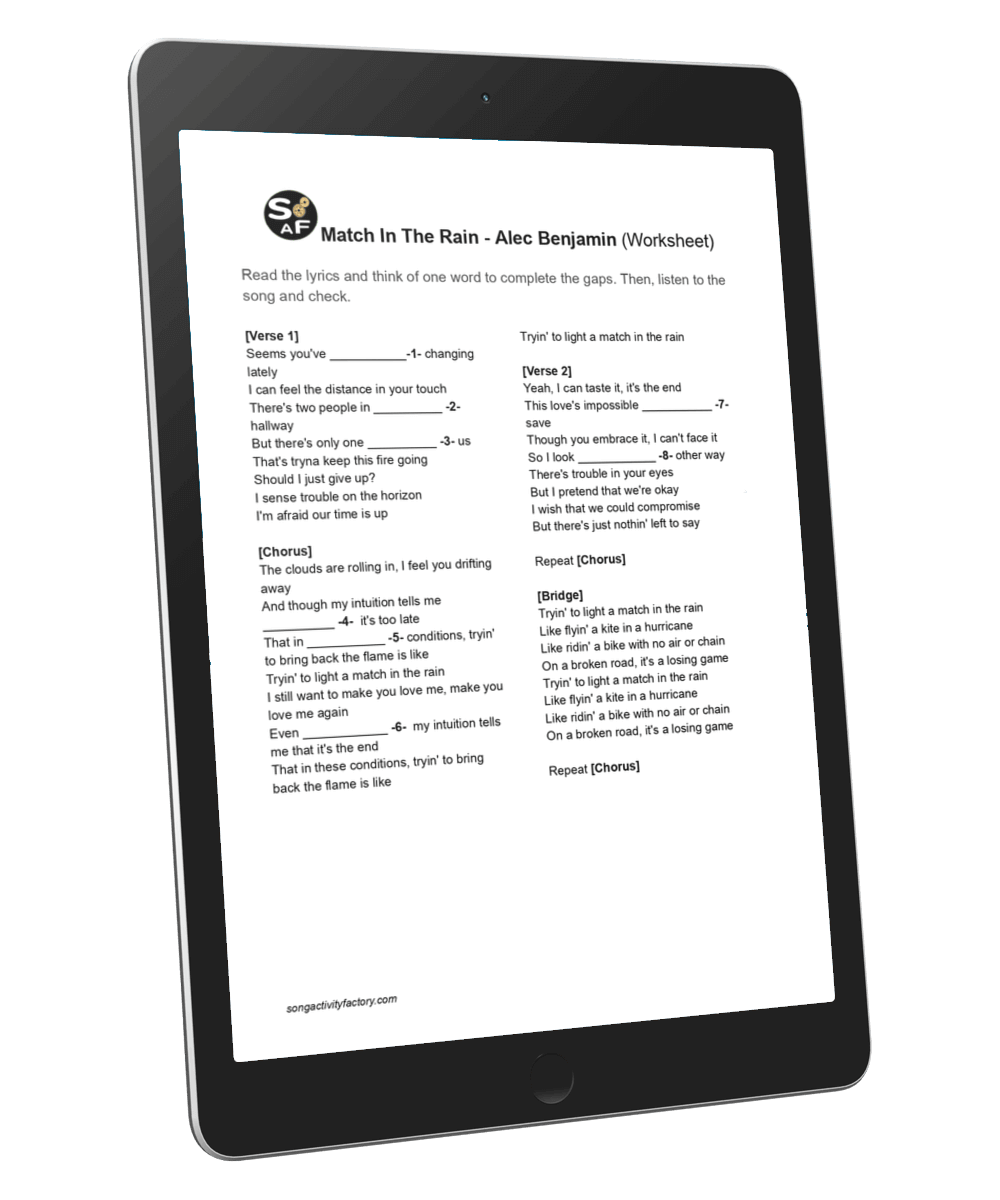 Cambridge B2 Use of English Part 2 worksheet based on Alec Benjamin's Match In The Rain