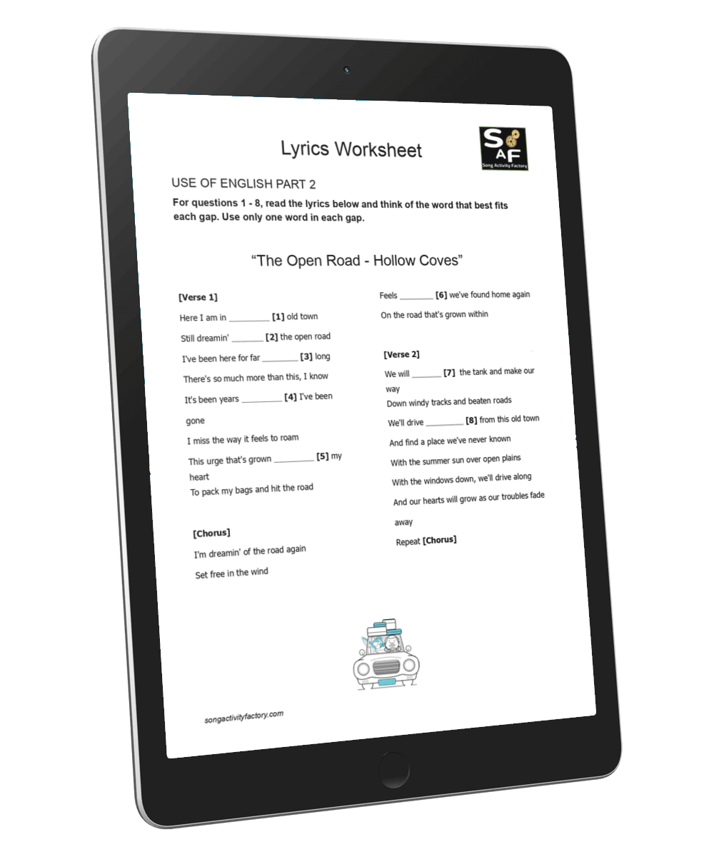 Cambridge B2 Use of English Part 2 worksheet based on Hollow Coves' The Open Road