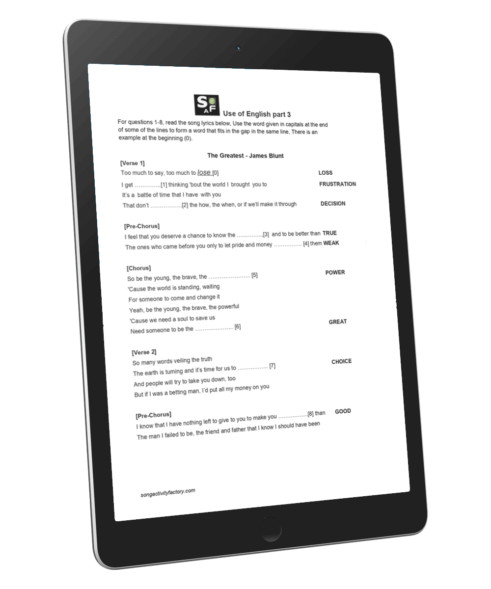 Cambridge B2 Use of English Part 3 worksheet featuring James Blunt's The Greatest