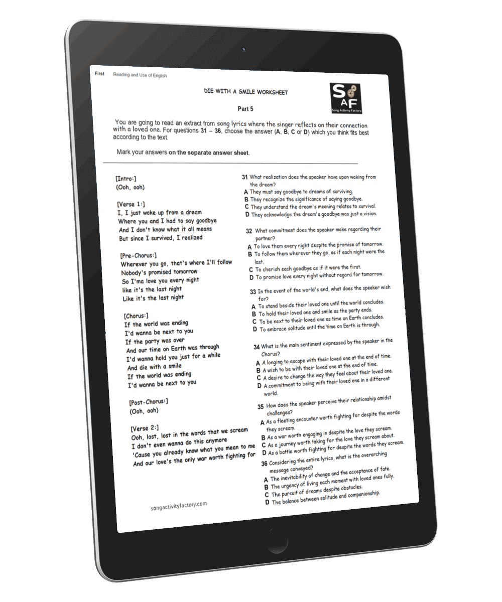 Cambridge B2 Reading and Use of English Part 5 worksheet based on Lady Gaga and Bruno Mars' Die With A Smile