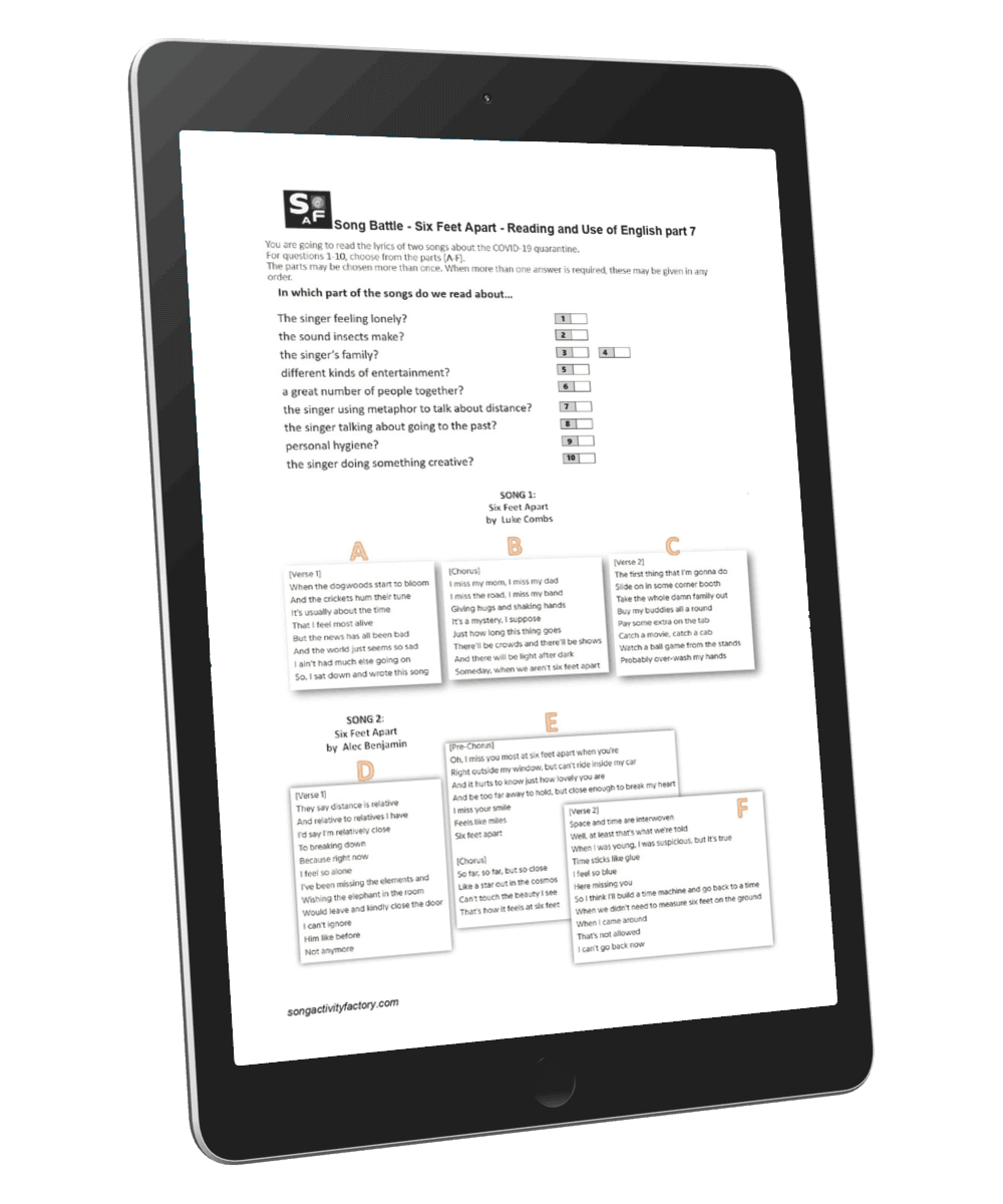 Cambridge B2 Reading and Use of English Part 7 worksheet featuring Alec Benjamin and Luke Combs' Six Feet Apart