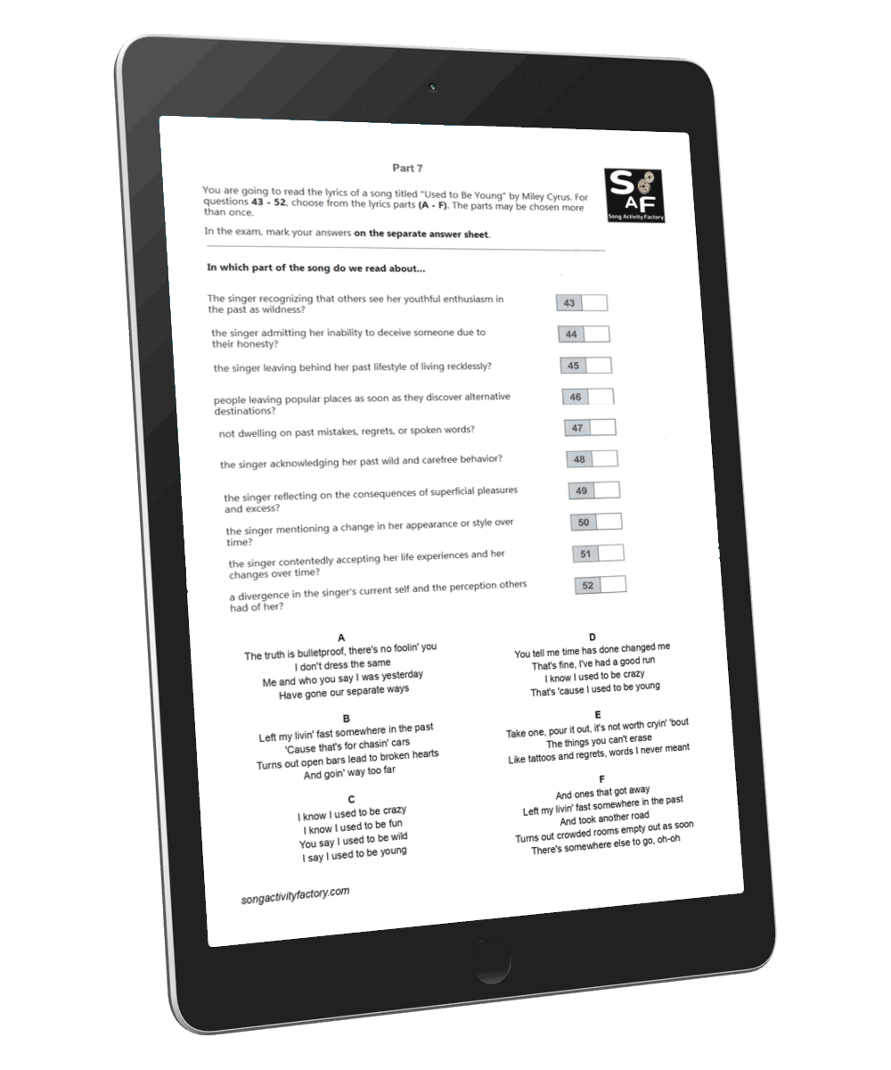 Cambridge B2 Reading and Use of English Part 7 worksheet based on Miley Cyrus' Used To Be Young