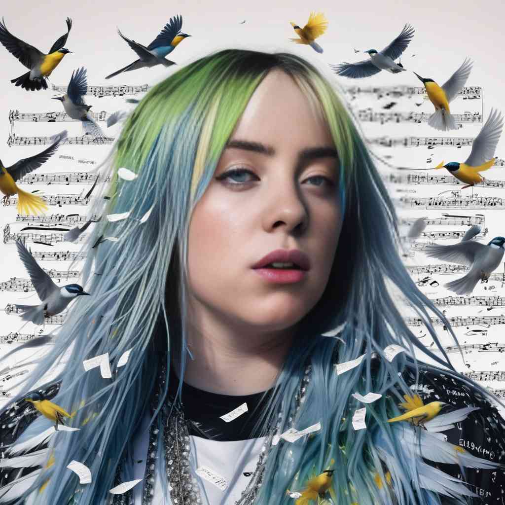 Watercolor portrait of Billie Eilish surrounded by birds and music notes