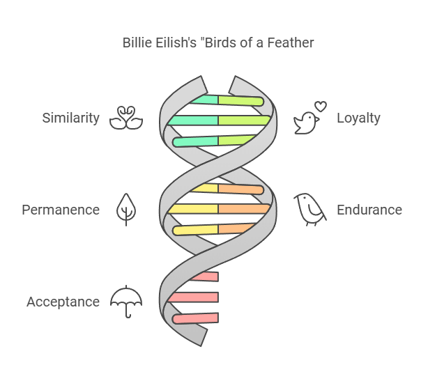 Diagram illustrating key vocabulary and phrases from Billie Eilish's 'Birds of a Feather' for ESL learners, including idioms, metaphors, and essential expressions.
