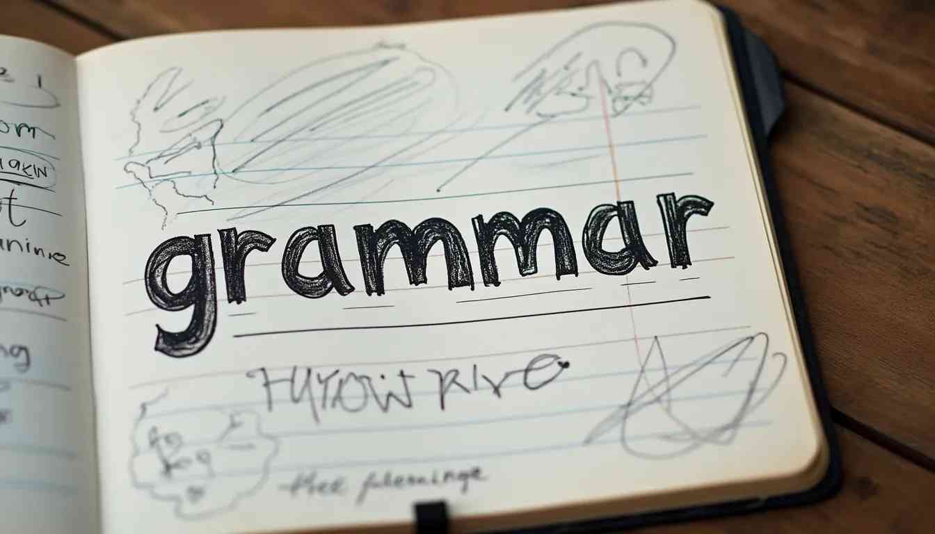 Student notebook with grammar notes for ESL song analysis